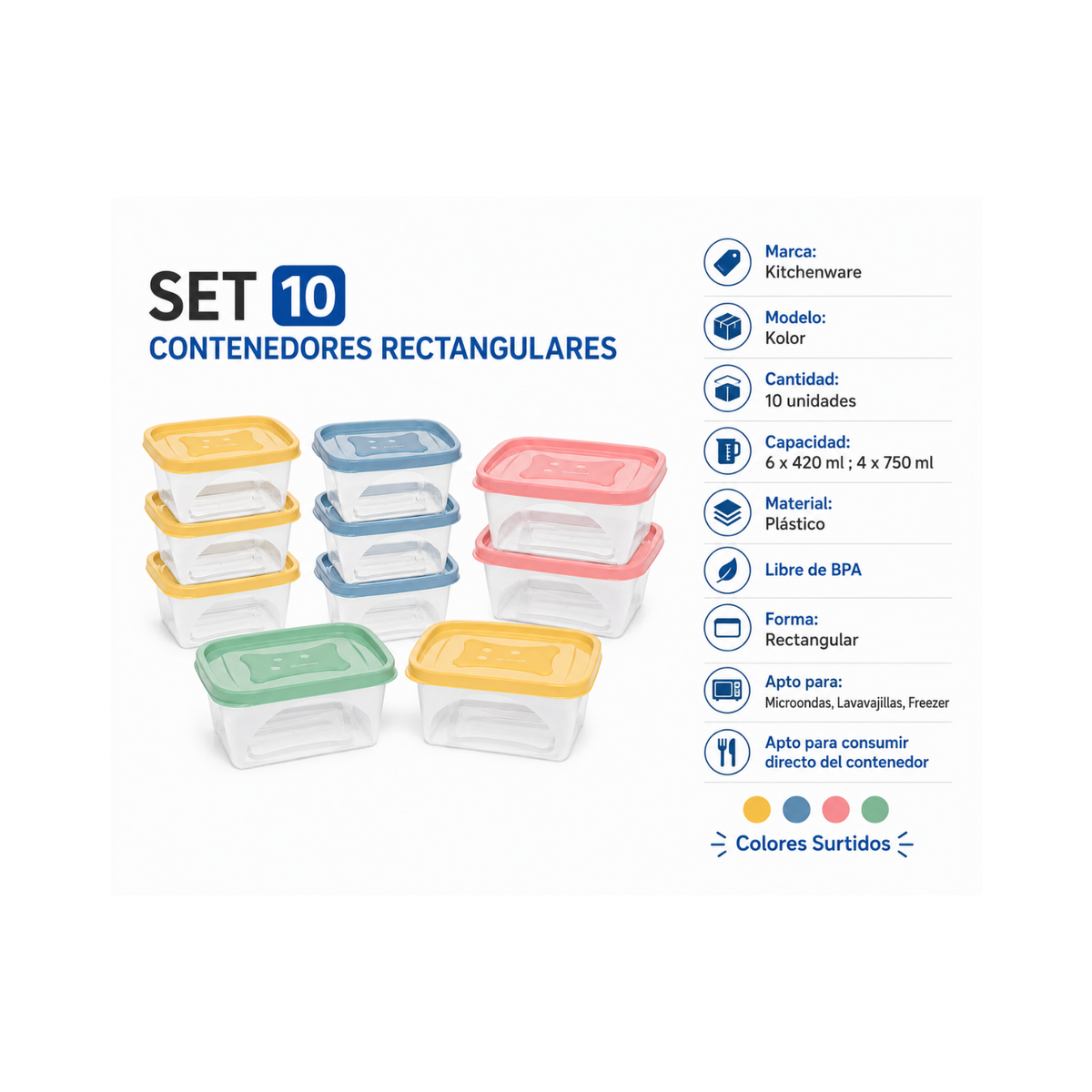 Set 10 contenedores rectangulares 420 y 750 ml
