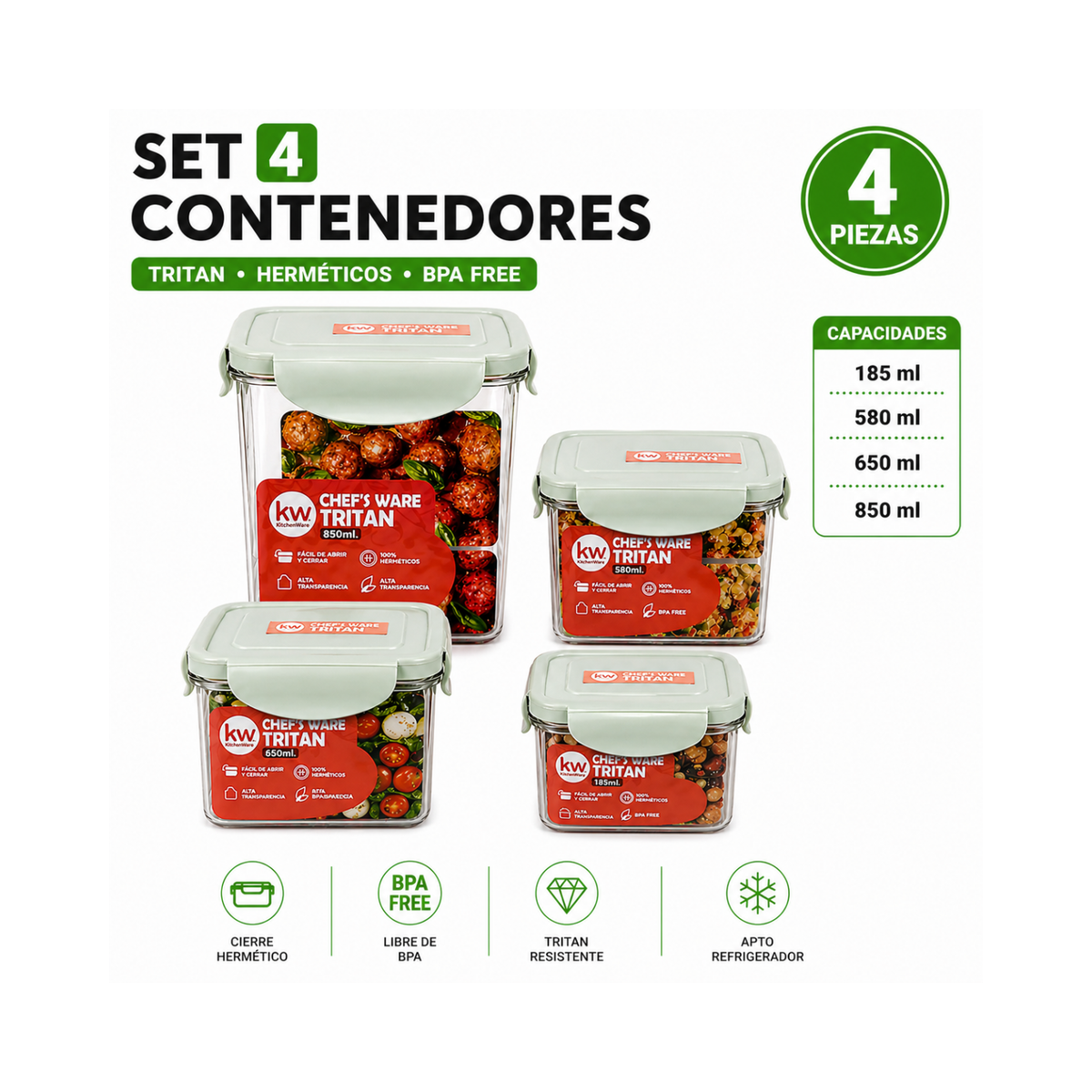Set 4 contenedores herméticos Tritan BPA free