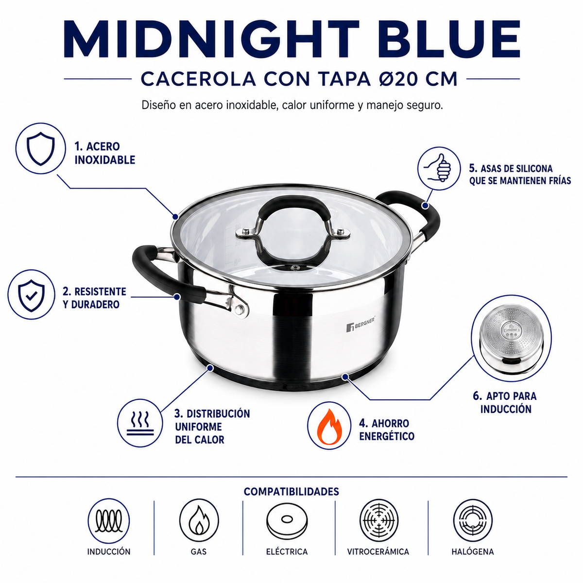 Bergner Olla c/tapa 20 cm acero inoxidable midnight blue