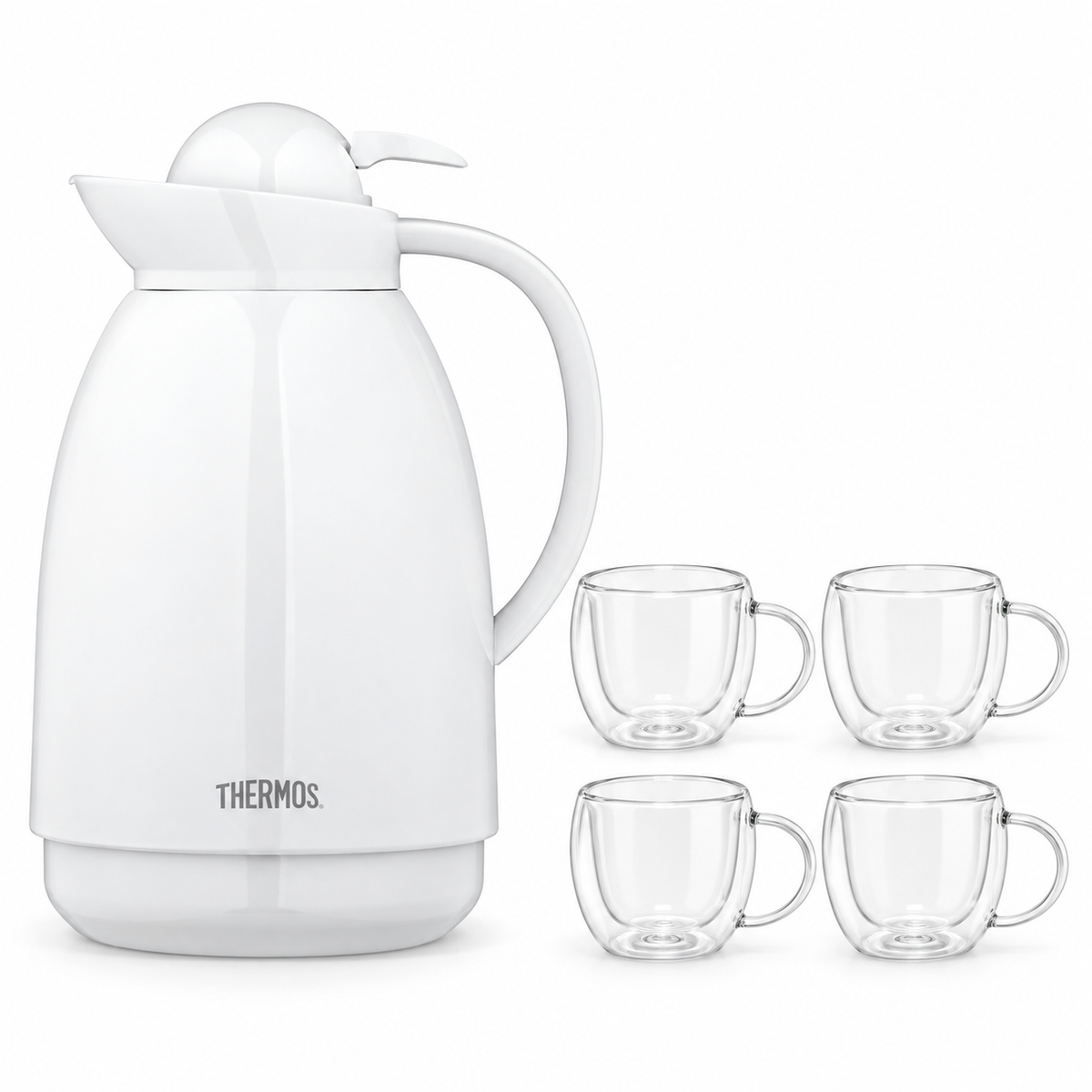 Pack jarra de vidrio 1 L + 4 tazas boro 80 ml