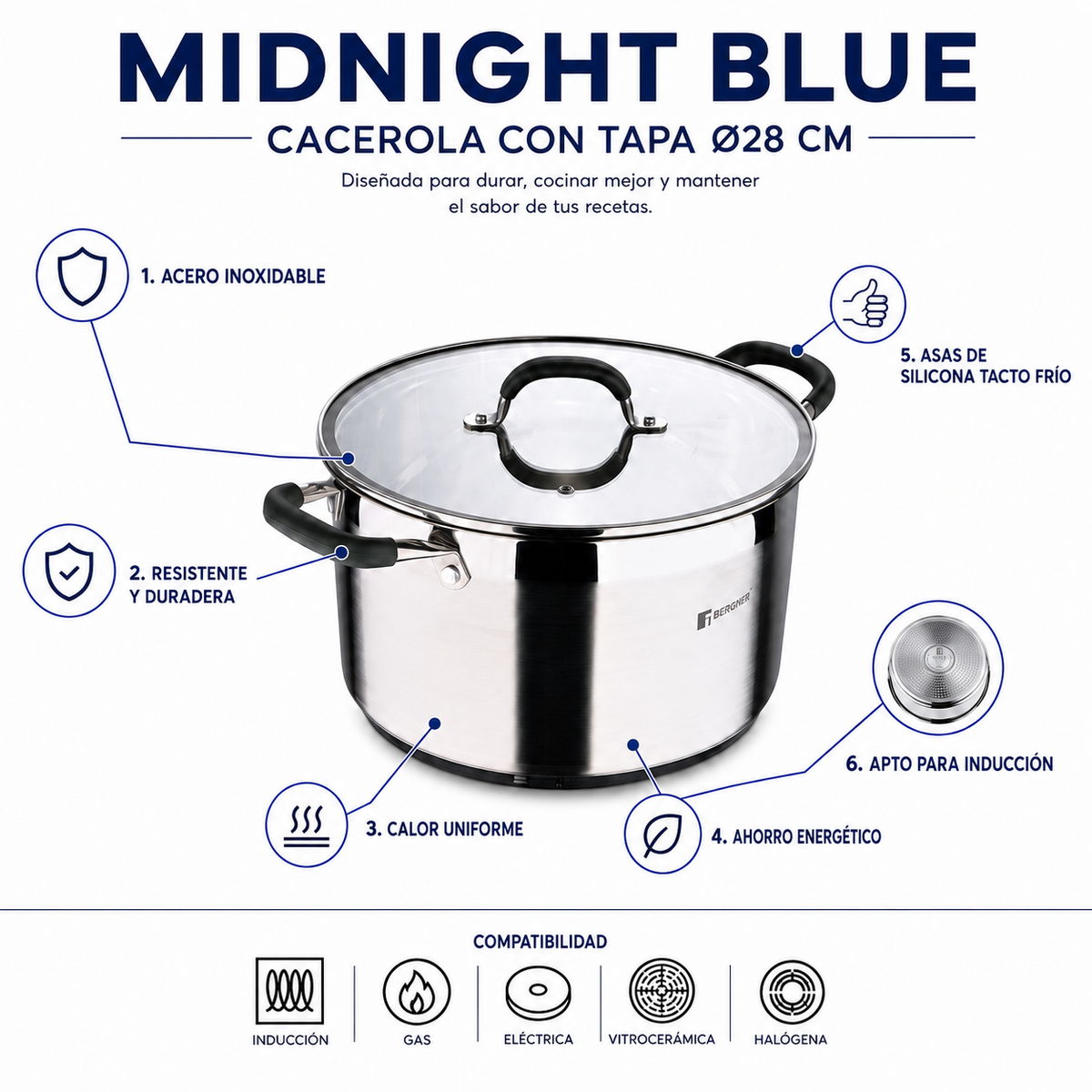 Bergner Olla c/tapa 28 cm acero inoxidable midnight blue