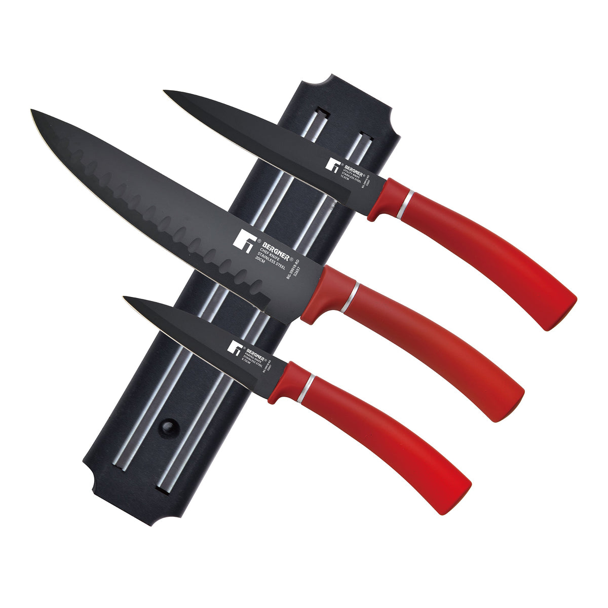 Bergner Set 3 cuchillos + barra magnética acero inoxidable rojo Classique