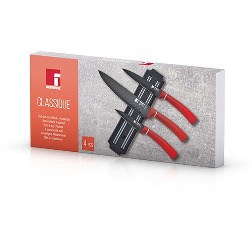 Bergner Set 3 cuchillos + barra magnética acero inoxidable rojo Classique