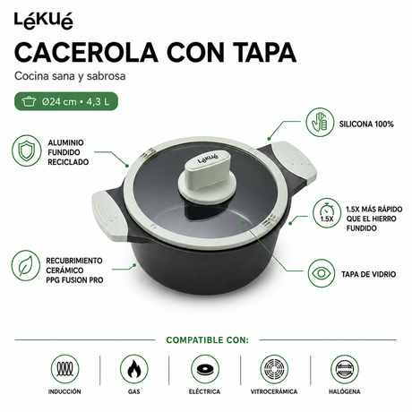 Olla c/tapa aluminio fundido Lekue 24 cm