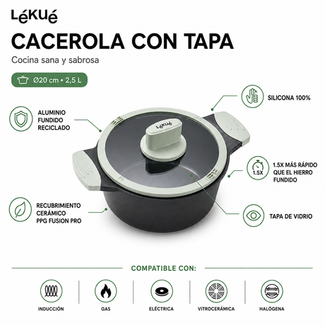 Olla c/tapa aluminio fundido Lekue 20 cm