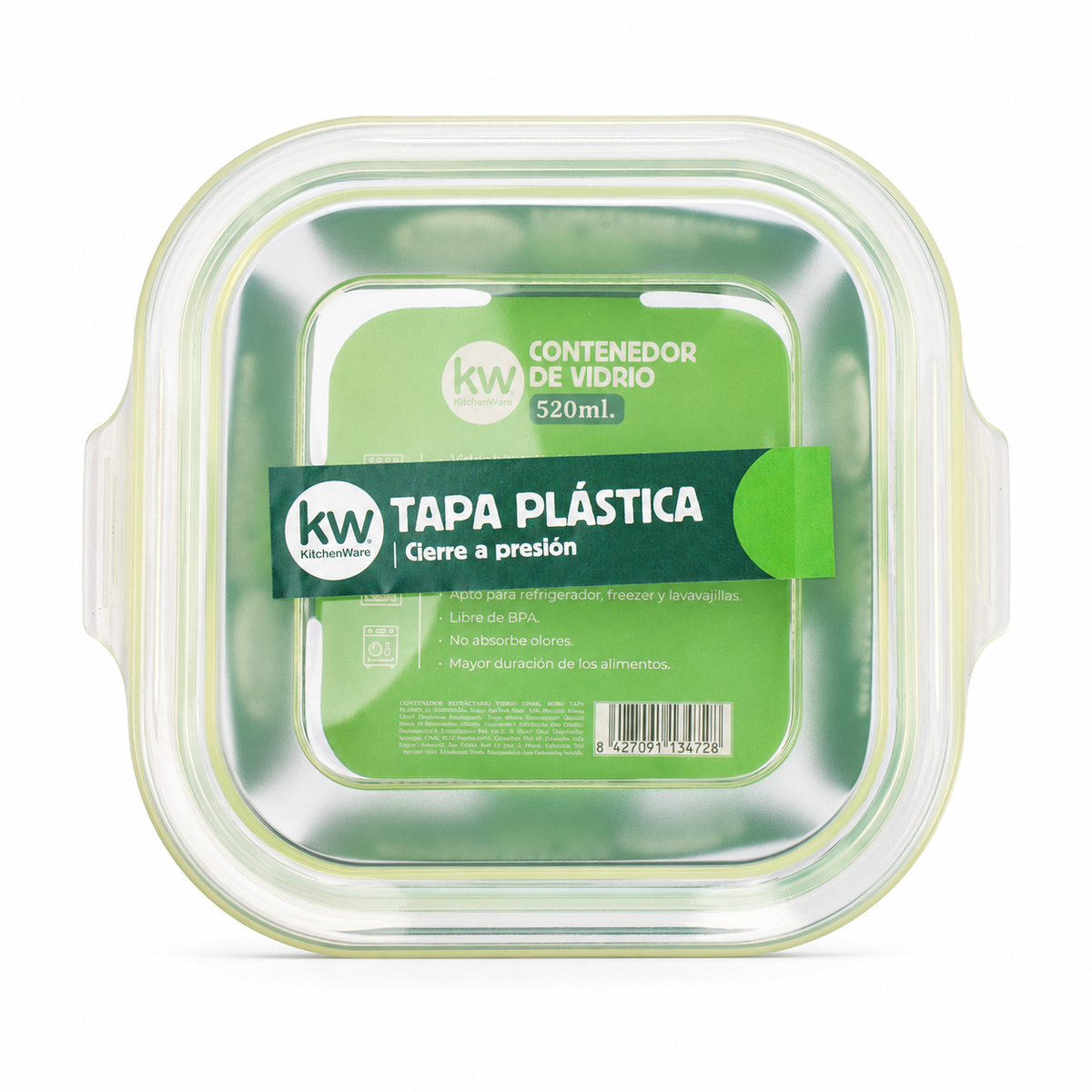 Recipiente cuadrado vidrio 520 ml con tapa