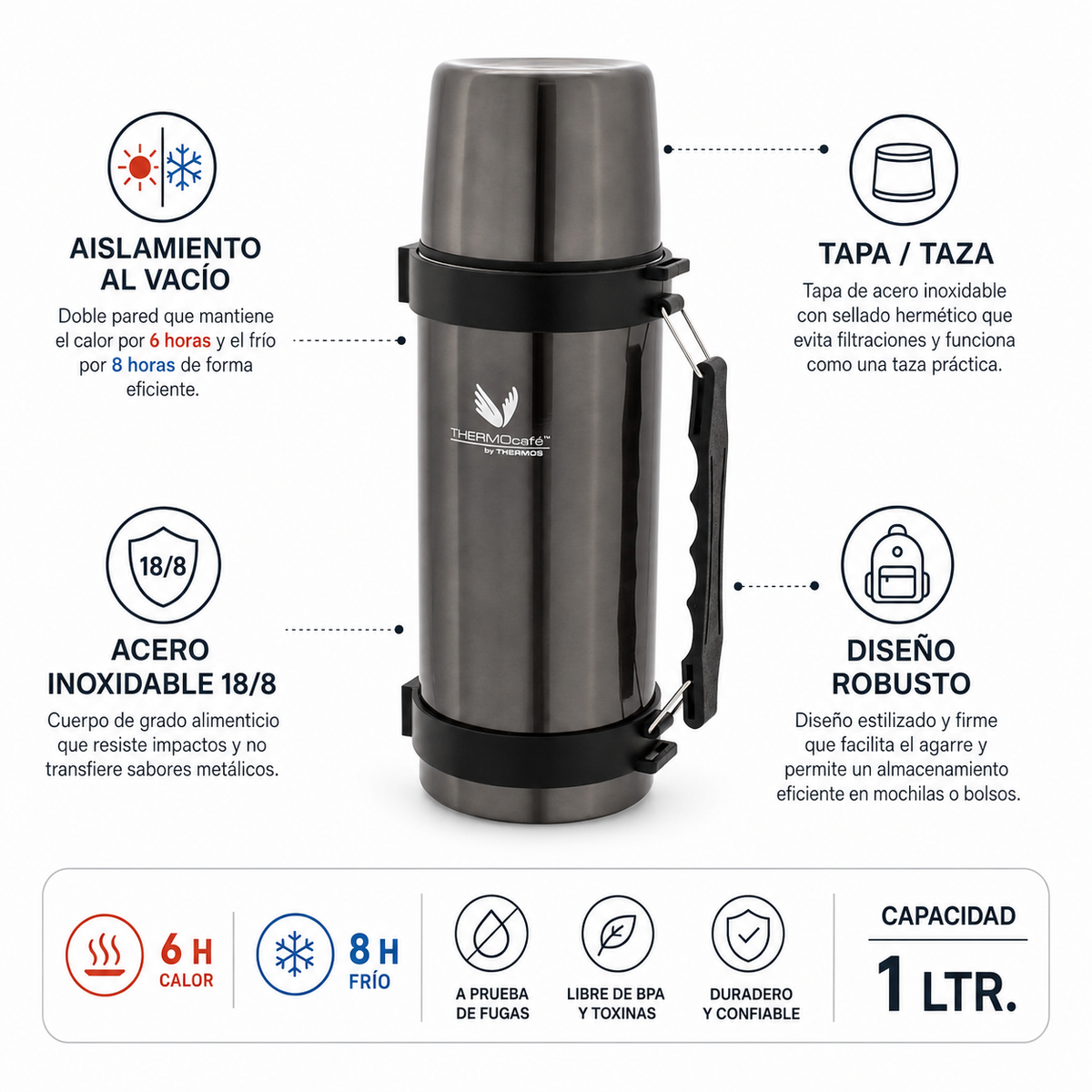 Thermos Termo líquido 1 L acero inoxidable – Gris