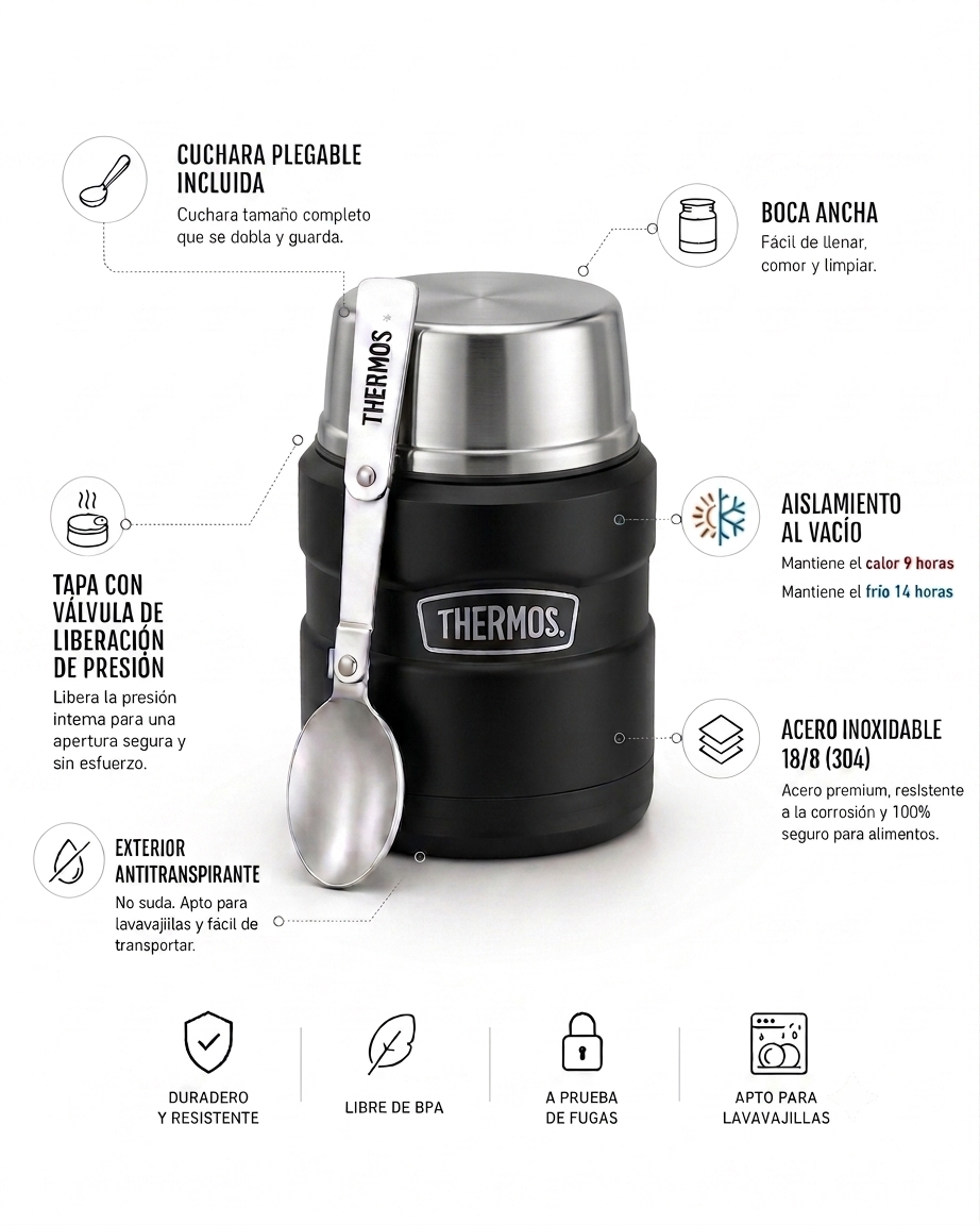 Thermos Termo comida acero inoxidable King 470 ml – Negro