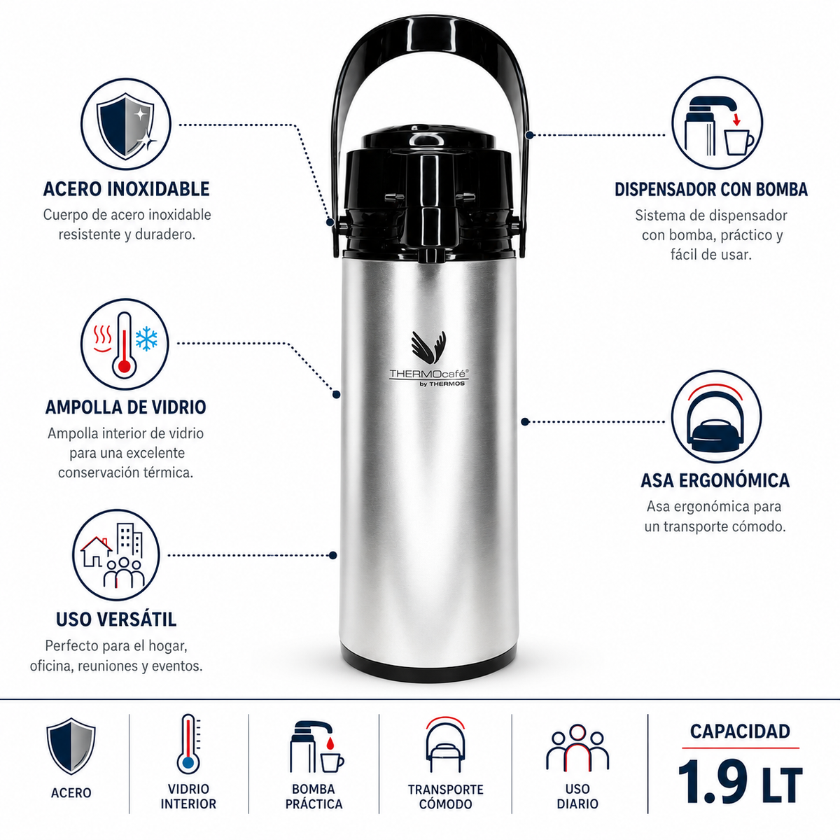 Thermos Termo sifon de vidrio1.9lt- Plata