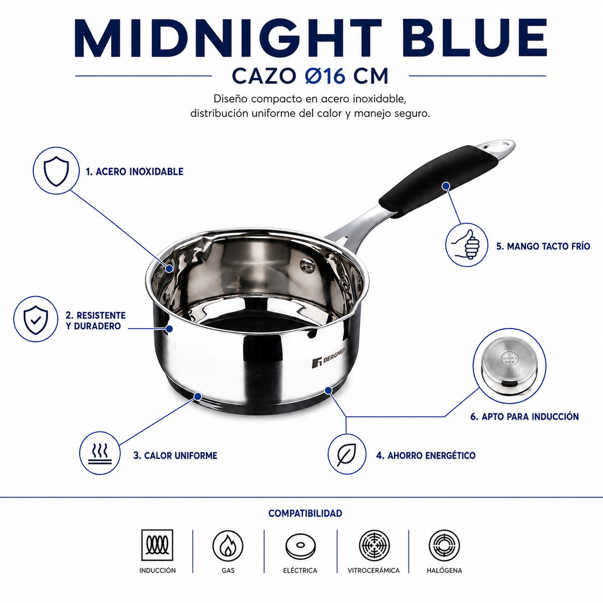 Bergner Cazo 16 cm acero inoxidable midnight blue