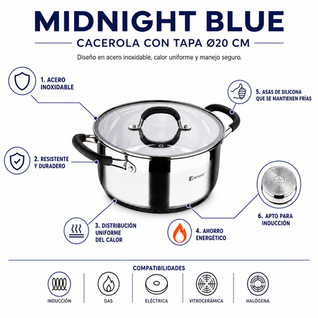 Bergner Olla c/tapa 20 cm acero inoxidable midnight blue