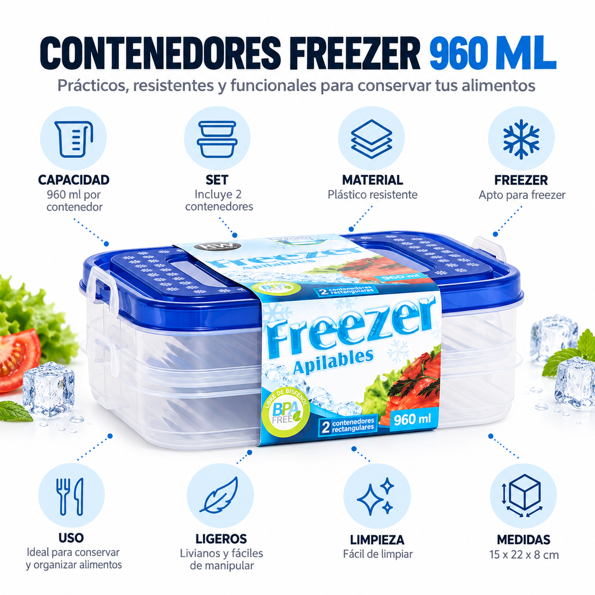 Set 2 contenedores rectangular 960 ml