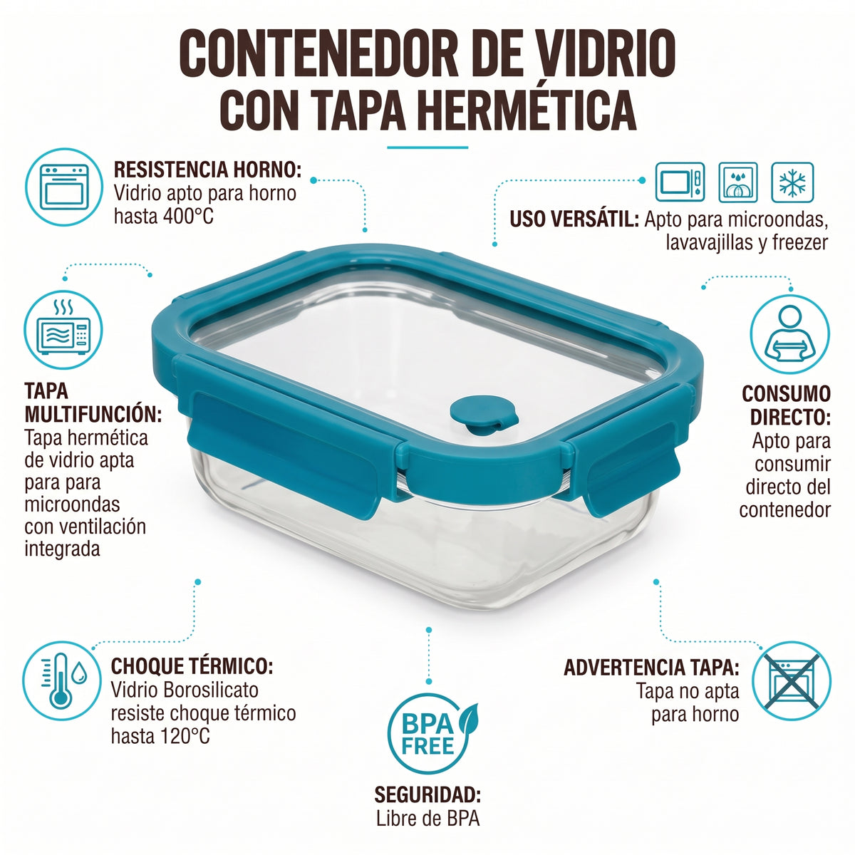 Contenedor tapa click vidrio rectangular 640 ml