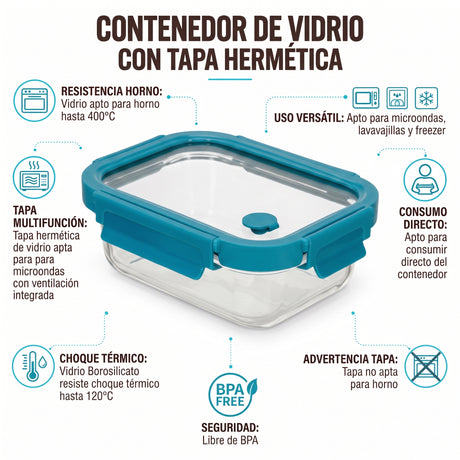 Contenedor tapa click vidrio rectangular 640 ml