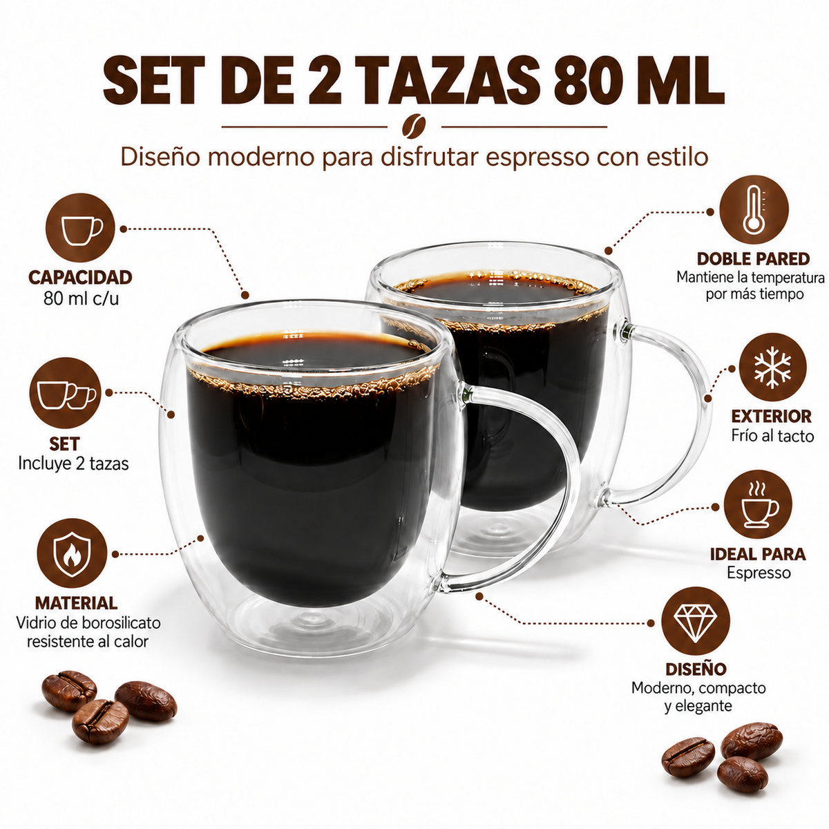 Set 2 tazas espresso doble pared boro 80 ml