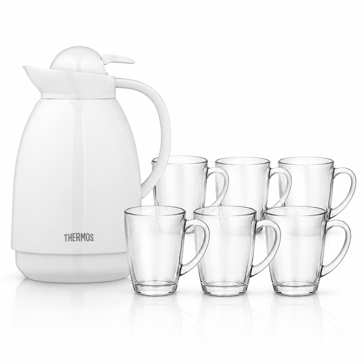 Pack jarra de vidrio 1 L + set de 6 tazas 310 ml