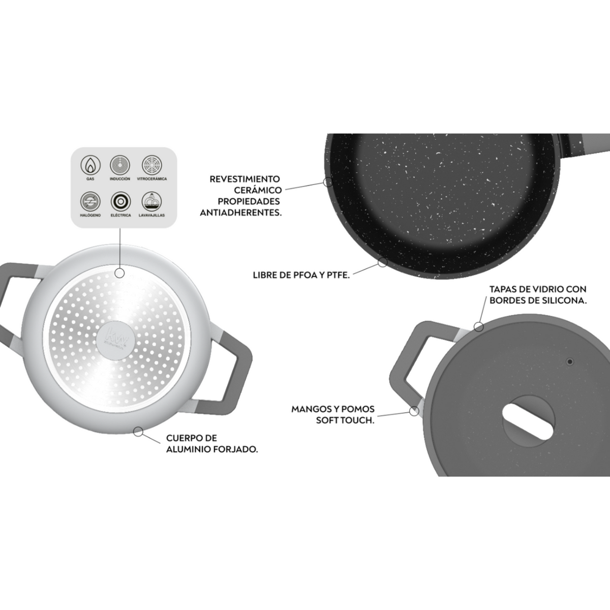 Batería de cocina 7 piezas Chelsea aluminio fundido – Gris
