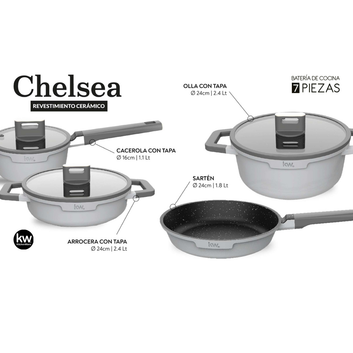 Batería de cocina 7 piezas Chelsea aluminio fundido – Gris