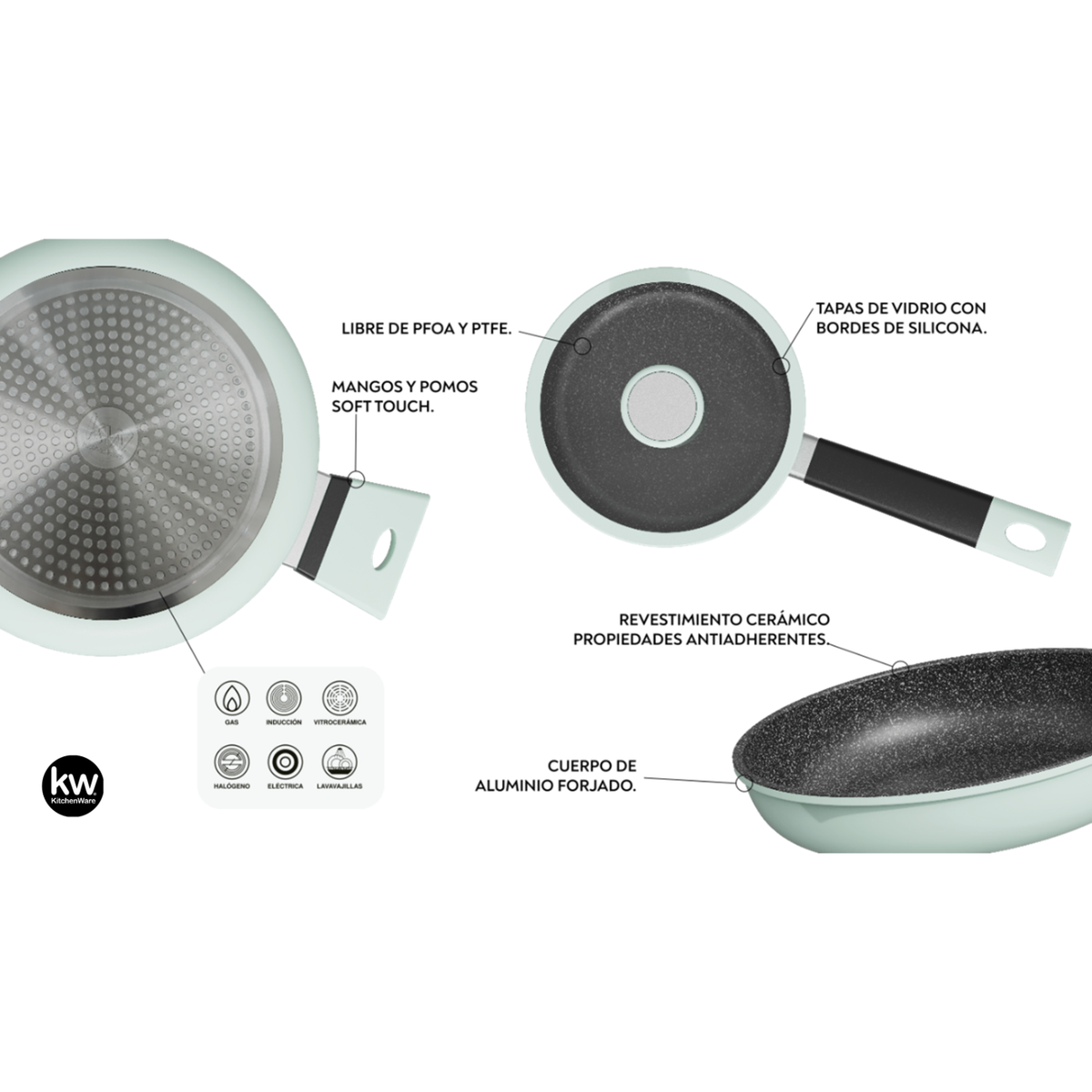 Batería de cocina 7 piezas Soho Mint aluminio forjado