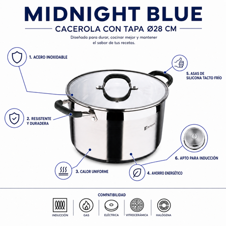 Bergner Olla c/tapa 28 cm acero inoxidable midnight blue