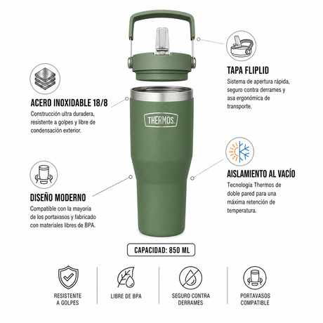 Thermos Travel mug Flip Lid inoxidable Outdo 850 ml – Verde