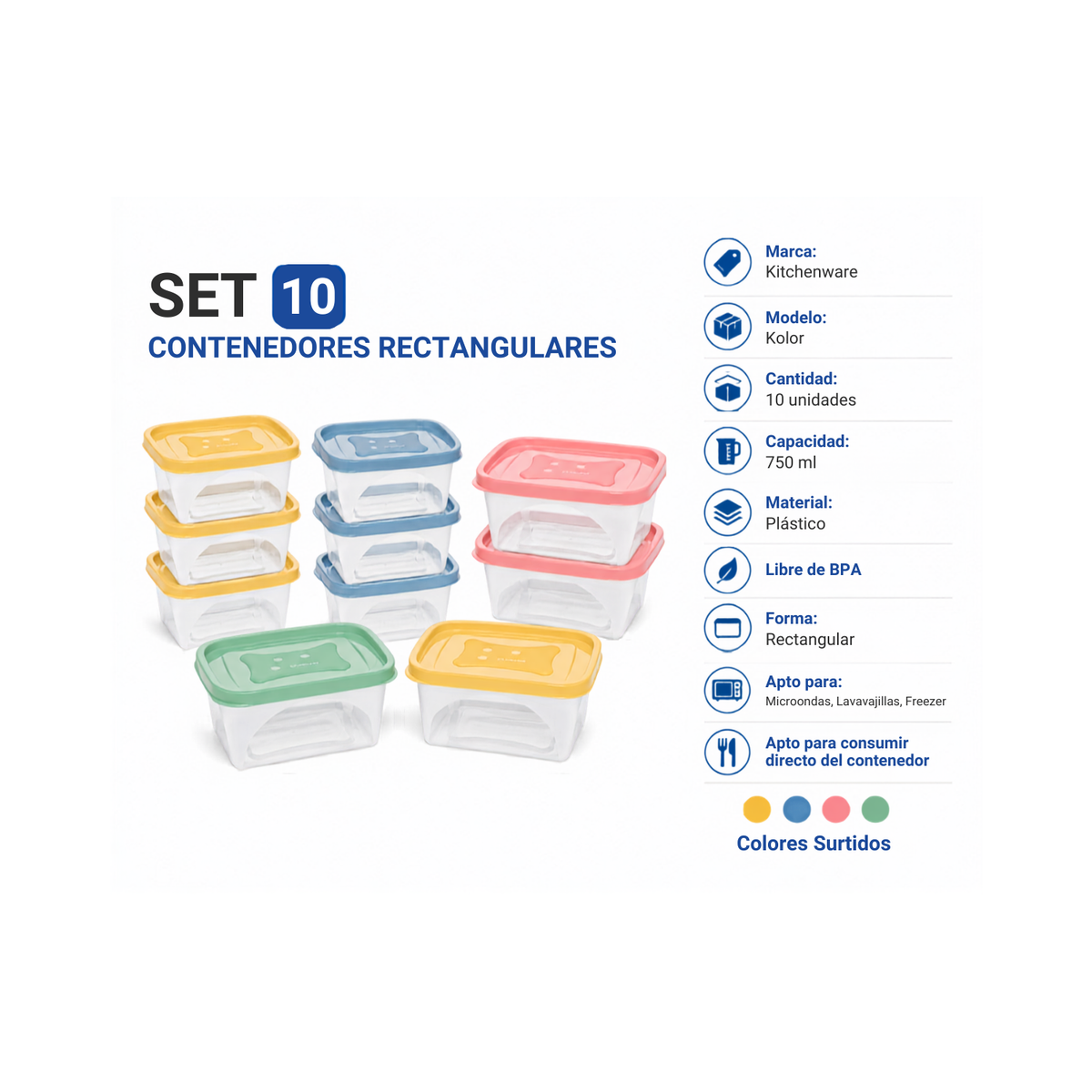 Set 10 contenedores rectangulares 750 ml
