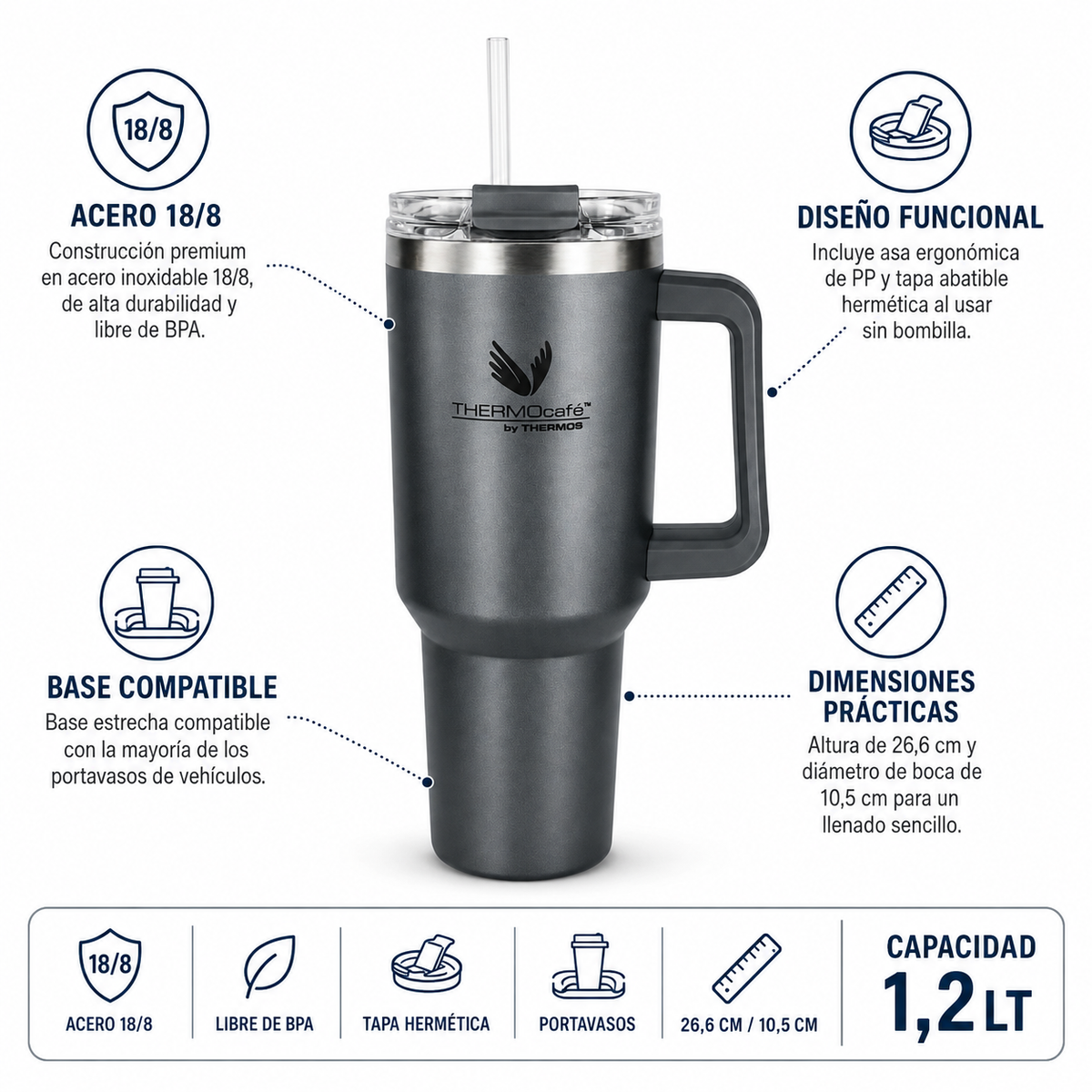 Thermos Vaso térmico Quencher acero inoxidable 1,2 L – Graphite